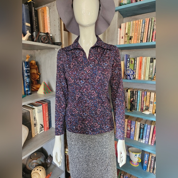 Vintage 1970s Liz Roberts Collared Paisley Blouse Top - Picture 1 of 7